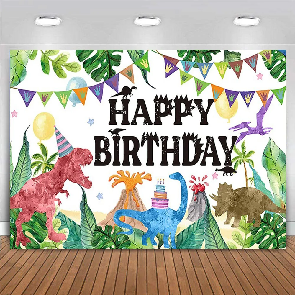 

Happy Birthday Cartoon Dinosaur Party Backdrop Safari Woodland Jungle Wild Animals Background Photo for Newborn Kid Girl Boy 1st