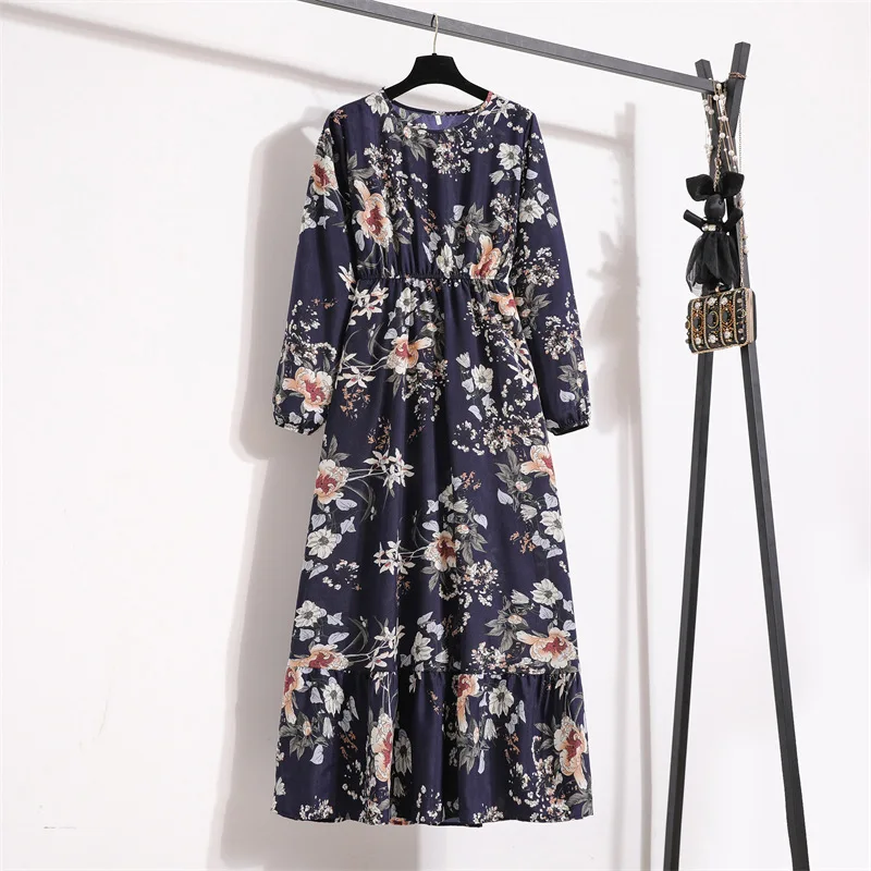 Spring Summer Female Solid Full Sleeve O-neck Casual Dress Women Bohe Party Long Dress Women Muslim Maxi Dresses Dropshipping