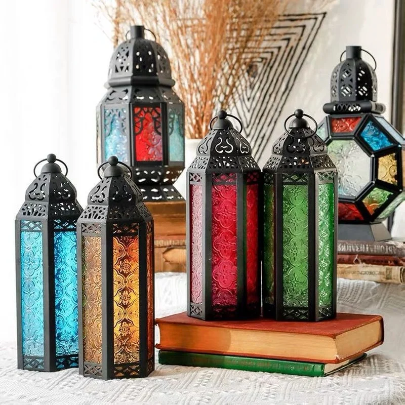 

Creative European Candlestick Vintage Hanging Candle Holder Moroccan Glass Wind Lamp Candle Lantern Wedding Home Decor Candelero