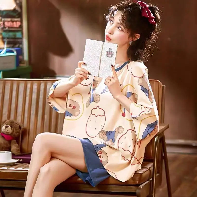 Pajamas women's 2022 New Milksilkshort Sleeveshortsleatherplusclothes two-piece summerO-collarthinsweetcutepajamashomeclothesset