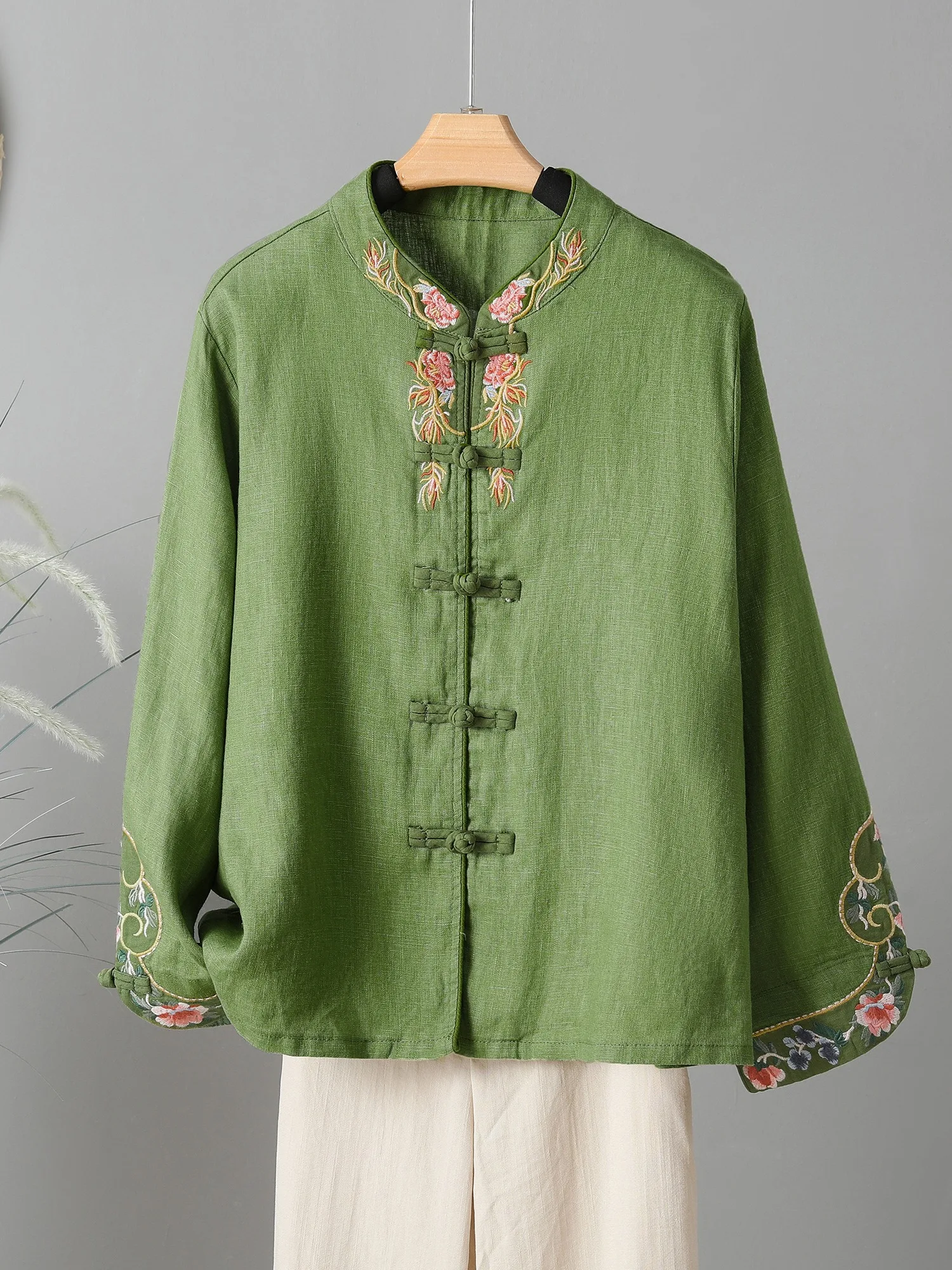 Рубашки из хлопка и льна с вышивкой в китайском стиле женская осенняя одежда