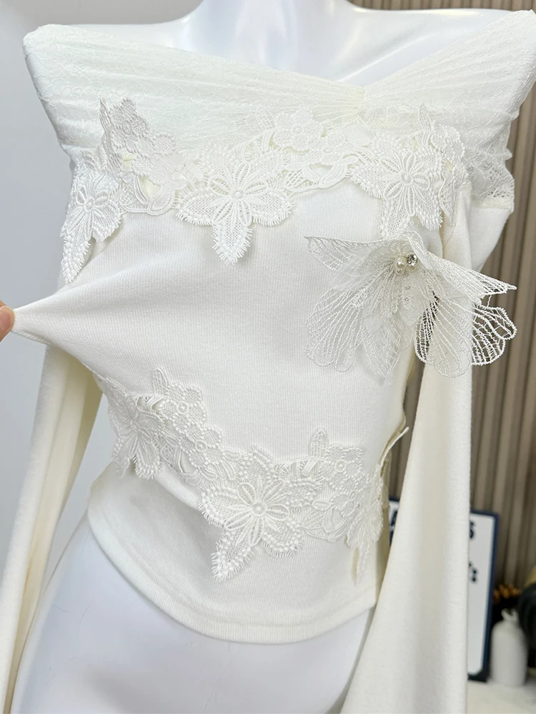 Осень-зима женская французская винтажная футболка Shoujo Girl кружевной укороченный