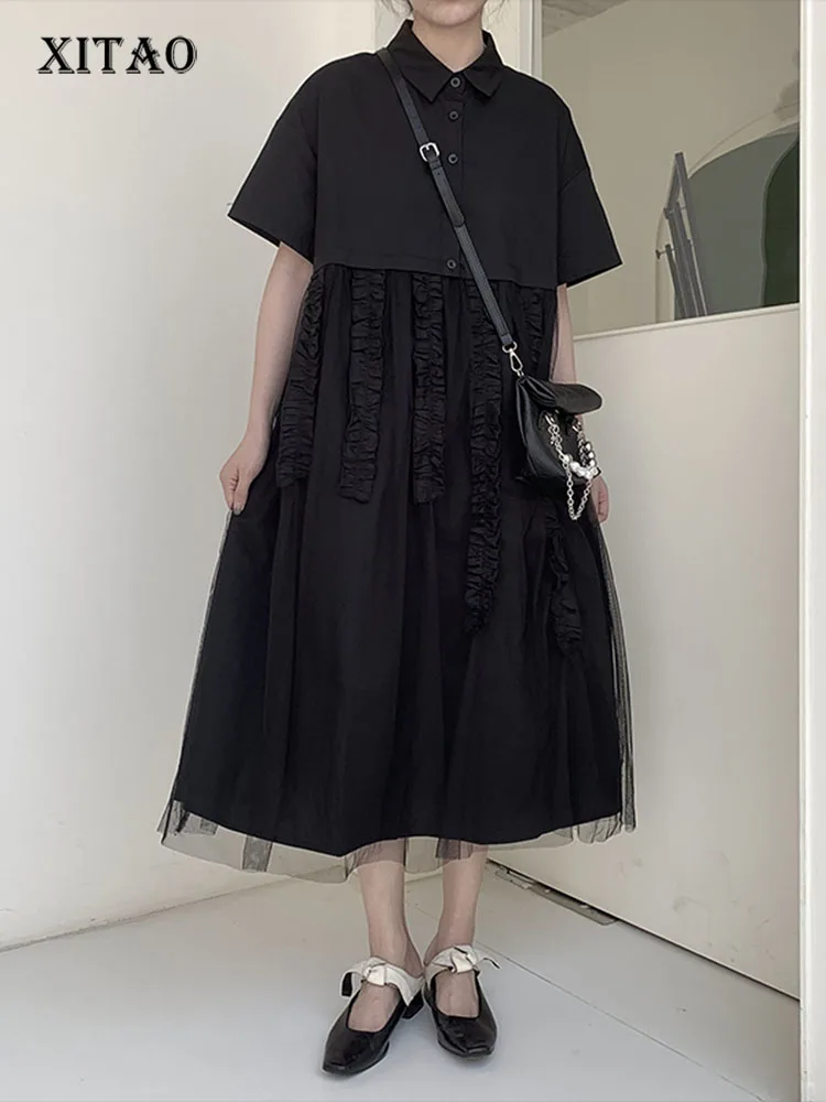 

XITAO, Сетчатое платье, модное, Сетчатое, черное, маленький, свежий пуловер, пэчворк, богиня, веер, повседневный стиль, 2022, летнее Свободное платье, WMD6369