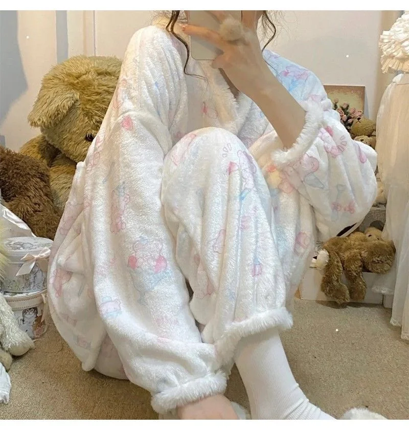 QWEEK Warm Coral Velvet Women's Pajamas Set Trouser Suits Kawaii Two-piece Cute Soft Japanese Sweets Home Wear Clothes