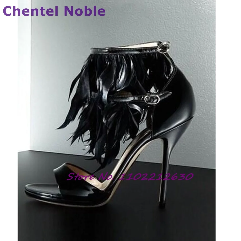 

Сандалии с черными перьями, тонкий Шпилька, пряжка, туфли на шпильке, новейшая Летняя мода, элегантная женская обувь, вечернее платье