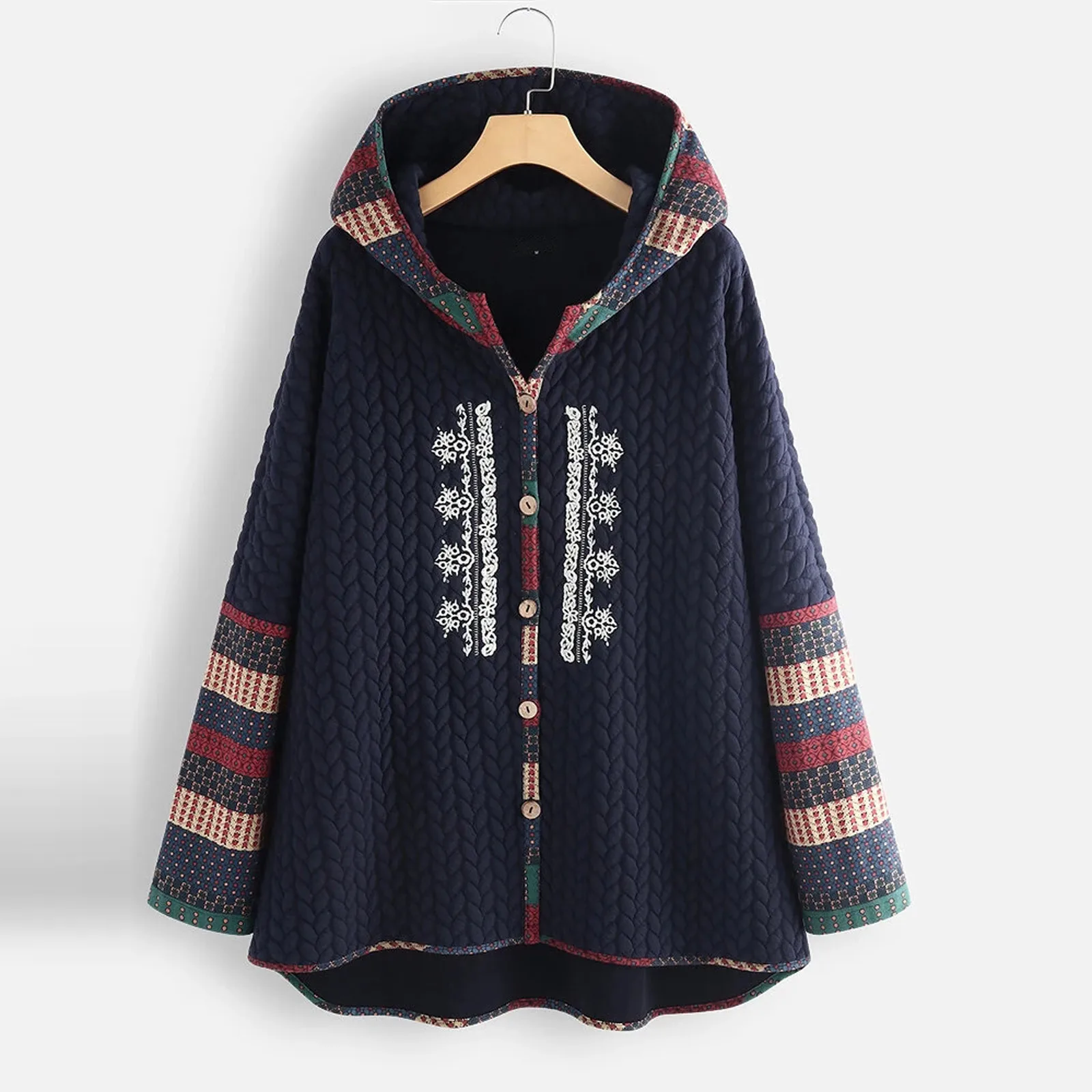 

Women Fashion Retro Printing Splicing Button Hood Cardigan Long Corded Cardigan Womens Long Sleeves Leopard Print Cardigan