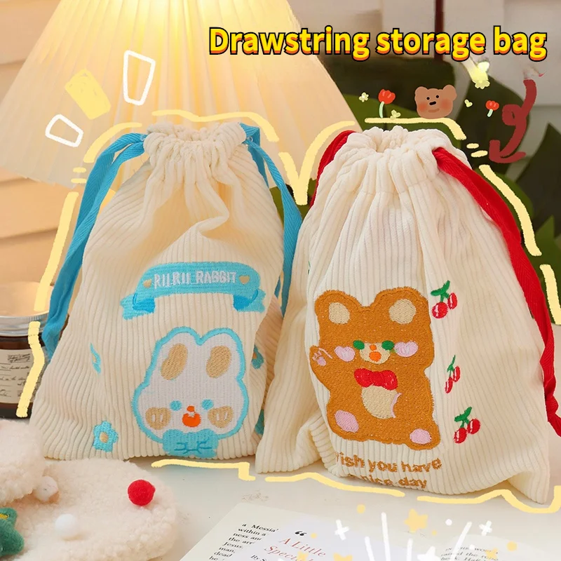

Ins Cute Drawstring Cosmetic Bag Cartoon Bear Rabbit Cosmetic Travel Women Drawstring Tote Storage Bag Makeup Organizer Fabric