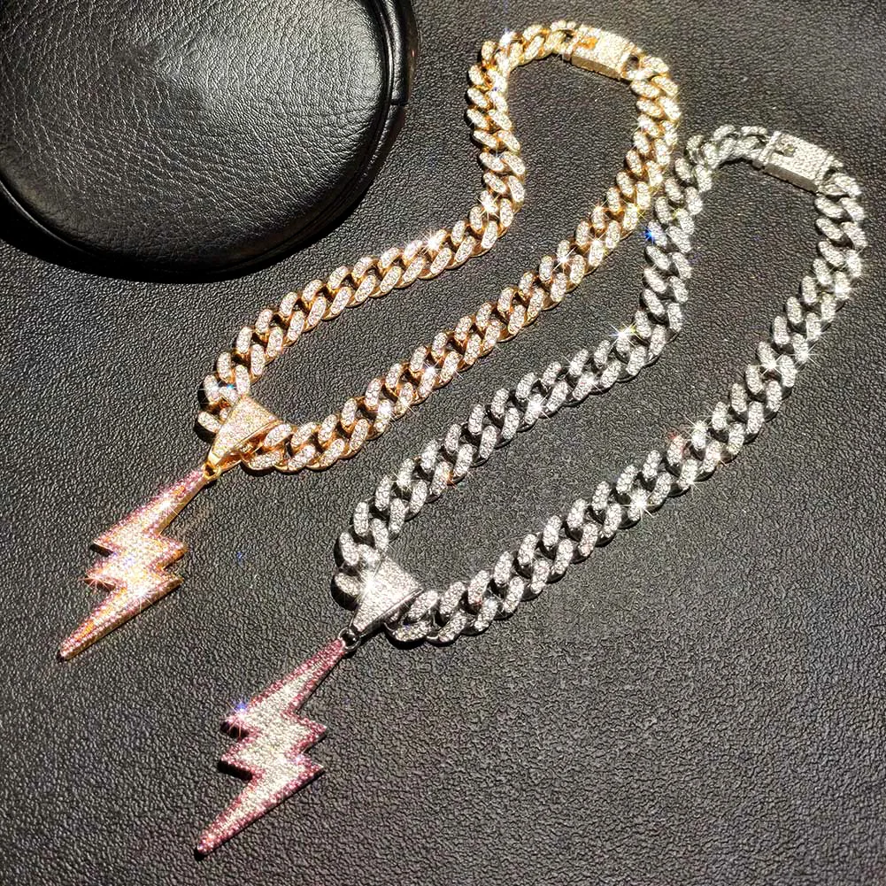 

Trendy Full Crystal Lightning Pendant Necklace For Women Men Bling Iced Out Rhinestone Cuban Link Chain Necklace Hip Hop Jewelry