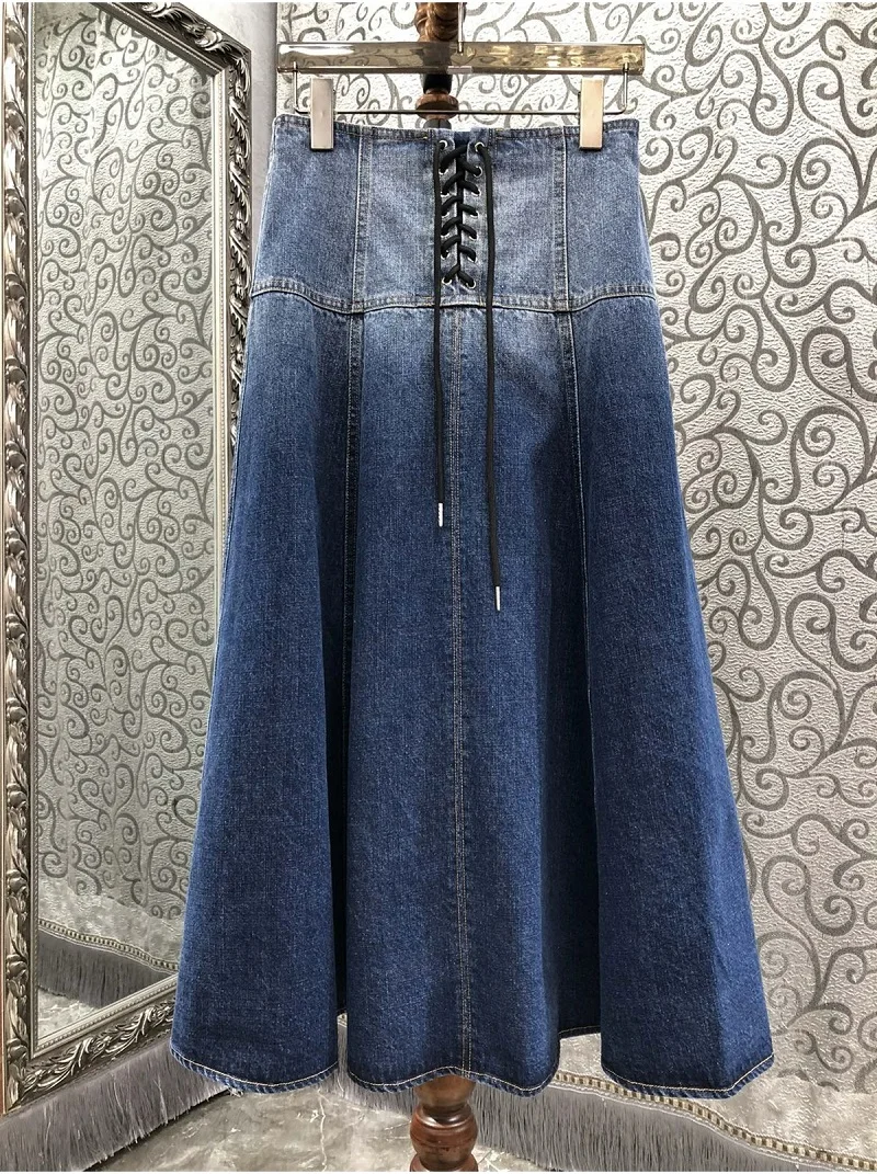 Женская длинная юбка из 100% хлопка синяя джинсовая макси с градиентными цветными