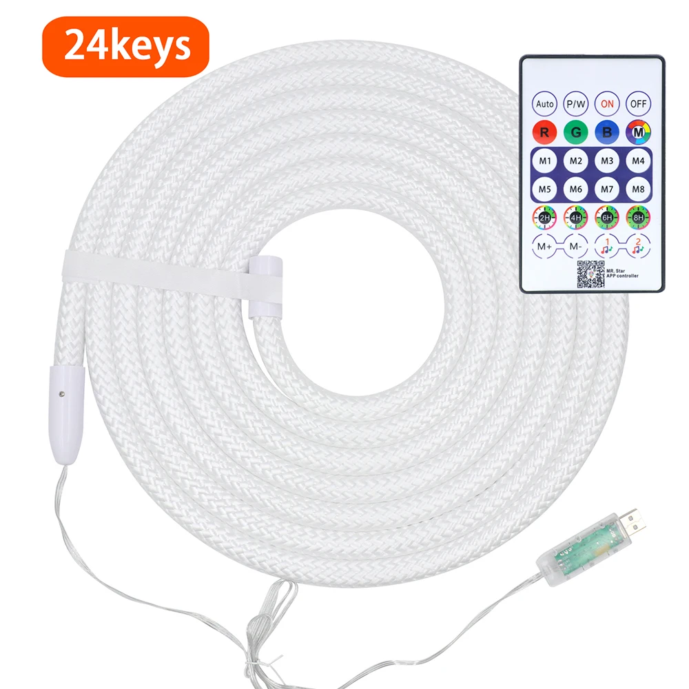 Фото Светодиодная лента 360° Round 5V USB Bluetooth WS2812B Rainbow RGB, гибкая неоновая лента из нейлона, с пультом дистанционного управления на 24 кнопки, водонепроницаемая. №2