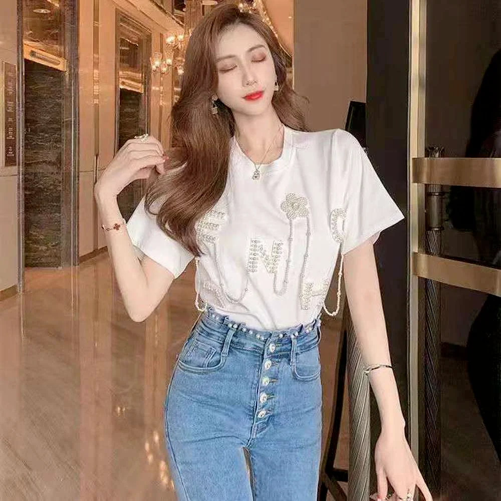 2022 New Fashion T Shirts for Women Cotton Tees Pearl Embroider Letter Summer Rhinestone Camisetas Mujer Short Sleeve T-shirts