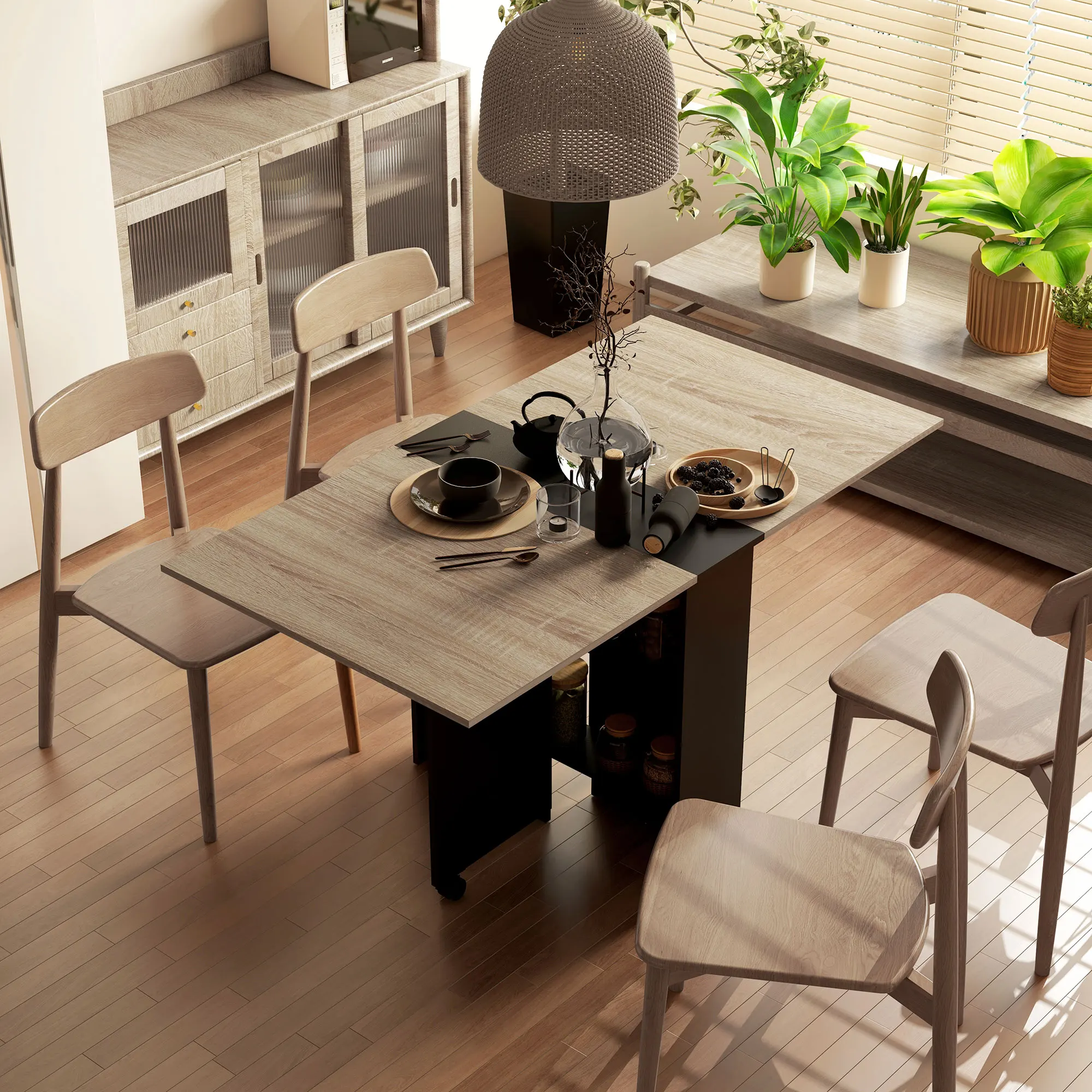 Mesa de comedor plegable HOMCOM 75×140×74 cm, con extensiones, acabado natural y negro
