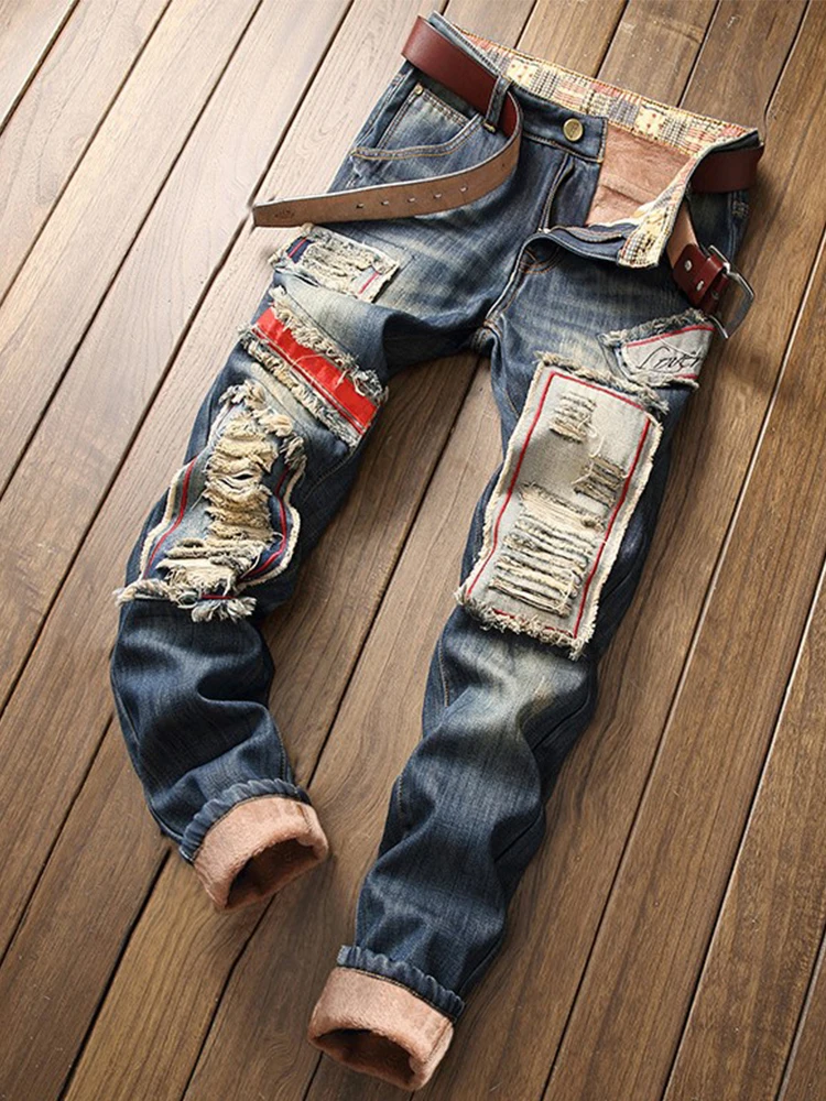 Winter Men Jeans Patchwork Ripped Design Casual Straight Denim Trousers Man Thick Warm Pants Male Fashion High Quality Jean