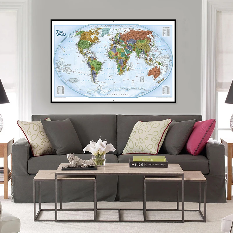 

84*59cm Political Map of The World with Details Spray Canvas Painting Wall Art Poster Living Room Home Decor School Supplies