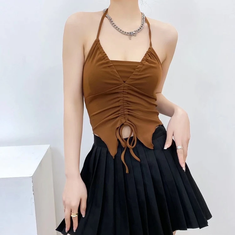 

tops women sexy tank tops Spaghetti drawstring short strapless traf black/white/grey V-neck strap short tops draw string 2022