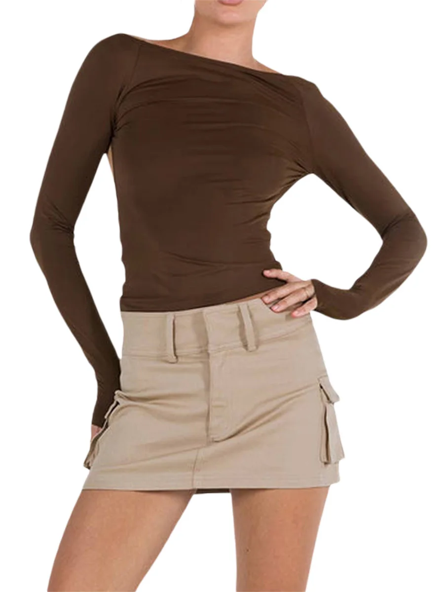 

Майка Y2k женская с открытой спиной, модный Базовый Топ с длинным рукавом, однотонная Облегающая рубашка с открытой спиной, уличная одежда