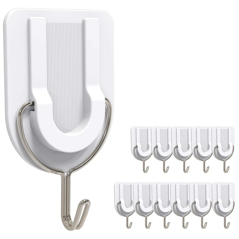 

Adhesive Hooks, U-Shaped White Plastic Adhesive Hooks Nail Free Sticky Hooks Hangers With Stainless Hooks 12 Pack