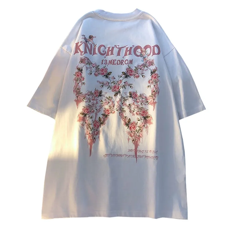 

American Vintage Print Harajuku Rose Bow Tie Summer Casual Women T Shirt Loose Short Sleeve Plus Size White Tees Tops Female