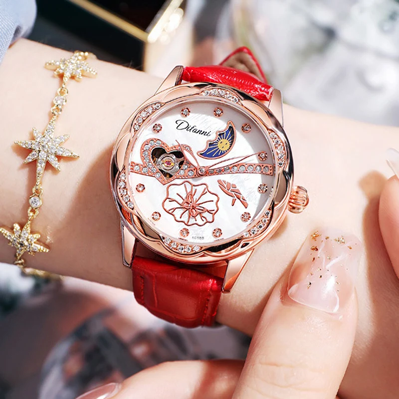 Watches Women Fashion Watch 2023 Automatic Mechanical Rhinestone Skeleton Dial Premium Leather Band Elegant Lady Watch New