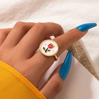 colorful enamel flower rings for women girls geometric drop oil tulip opening ring statement wedding ring vintage jewelry gifts