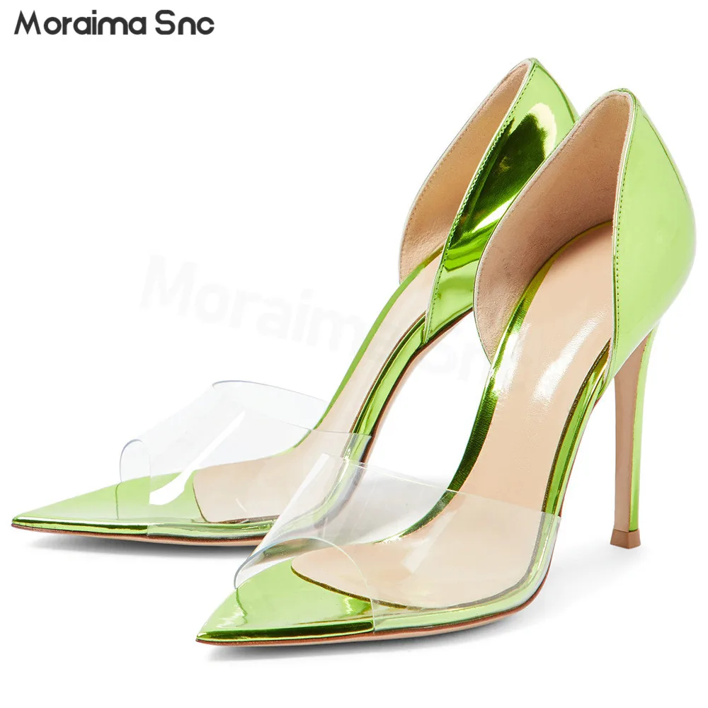 

Green Transparent Stitching Sexy Pumps Simple Design Fashion Stiletto Heel Pointed High Heel Fish Mouth Side Empty Women's Shoes