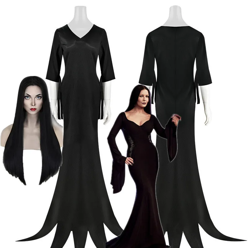 

Wednesday Addams Family Morticia Cosplay Costume Wig Black Sexy Up Slim Party Evening Dress For Women Halloween Carnival Clothes