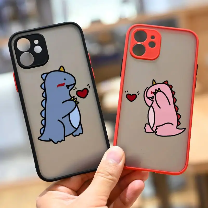 

Cute Cartoon Dinosaur Couple Phone Case For iPhone 13 12 11 Mini Pro XR XS Max 7 8 Plus X Matte transparent Back Cover