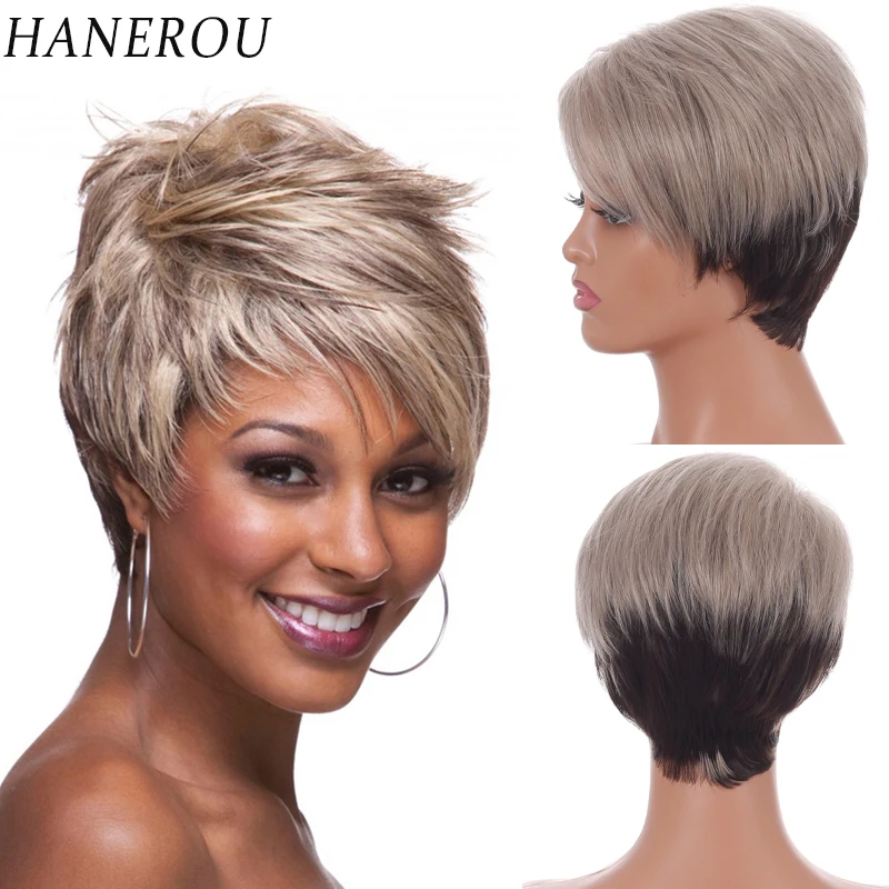 

HANEROU Short Pixie Cut Wig Straight Ombre Synthetic Mixed Grey Wig for Daily Party High Temperature Fiber