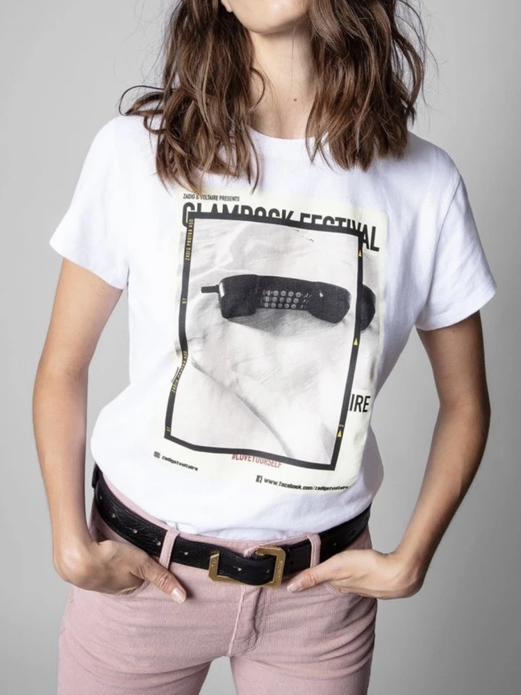 

Women T-shirt Summer New White Short-sleeved Photo Print 100% Cotton Tops