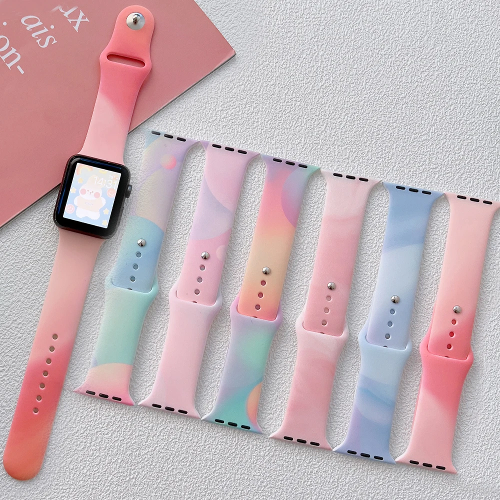 

Silicone Band For Apple Watch SE 4 3 2 6 5 7 Rubber Women Belt For iWatch 41 45mm 44 40mm 42mm 38mm Sport Colorful Rainbow Strap