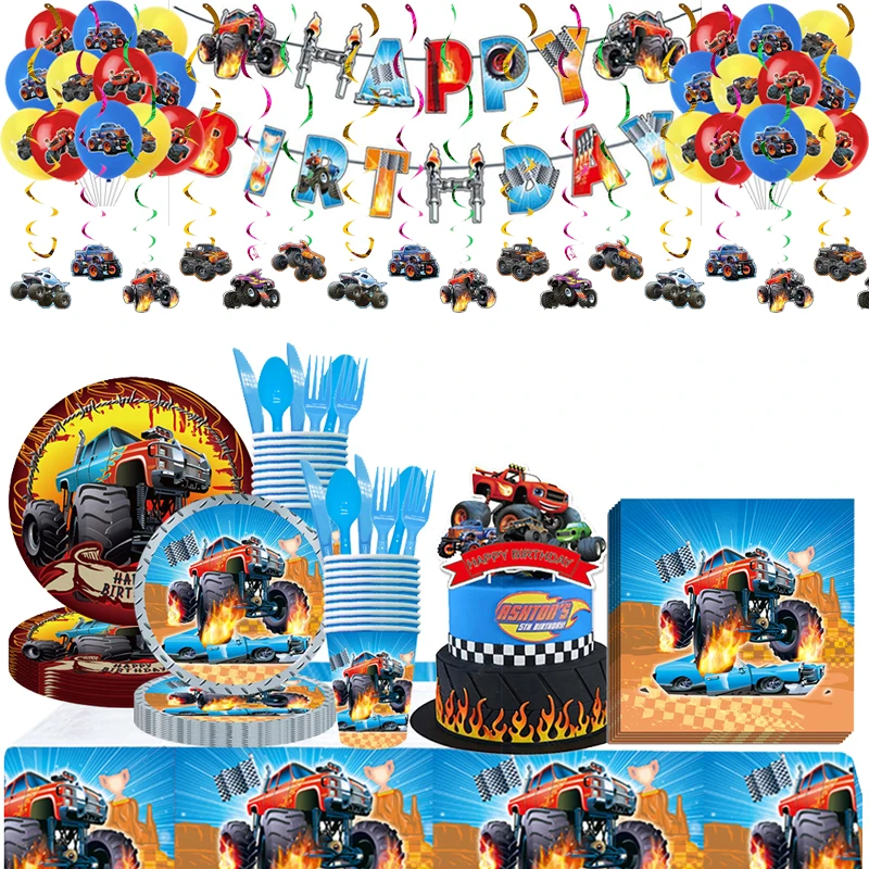 

Monster Truck Theme Birthday Party Decoration Tableware Paper Cup Plate Banner Tablecloth Cake Toppers Baby Shower Kids Favors