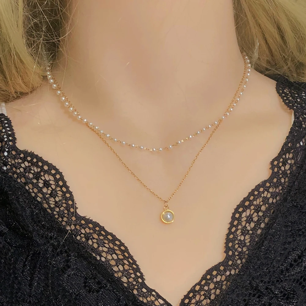 

Новое модное жемчужное ожерелье из нержавеющей стали, милое Двухслойное ожерелье с подвеской, роскошный черный бриллиантовый чокер
