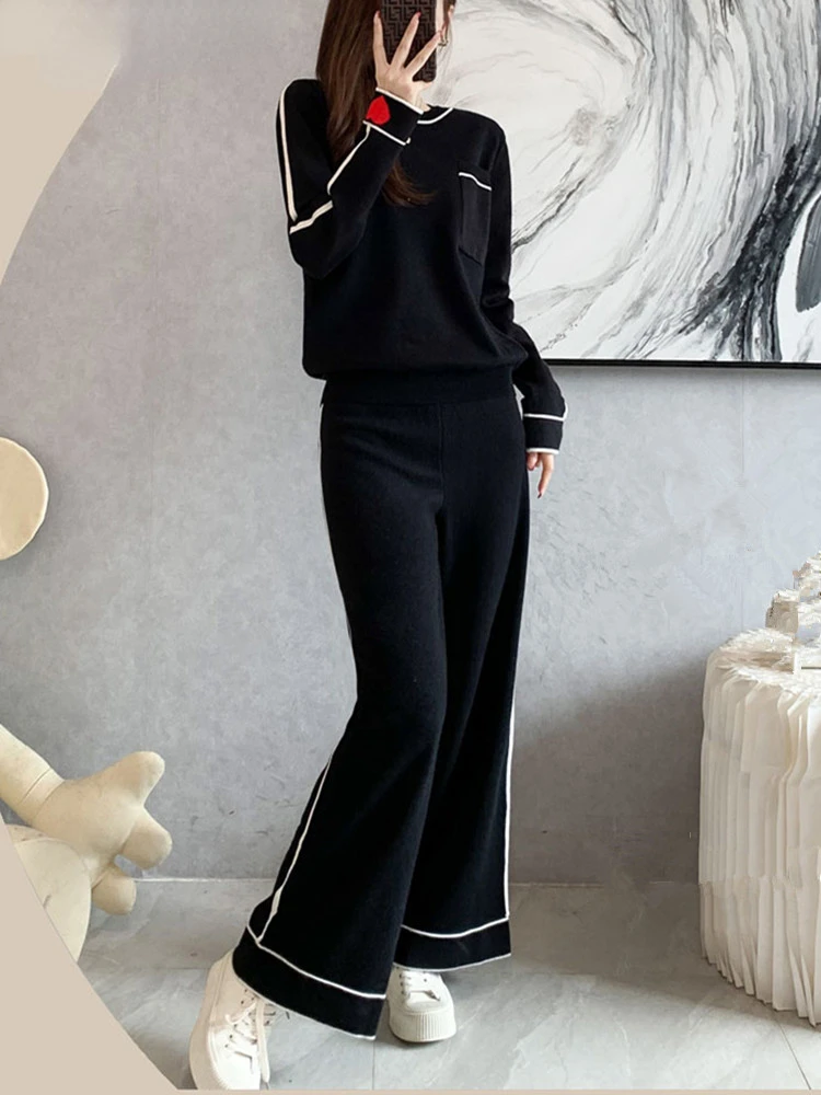 

New Cashmere Casual Women's Tracksuit Winter Thick Warm Heart Jacquard Loose Knitted Sweater + Wide Leg Pants Suits 2 Piece Sets