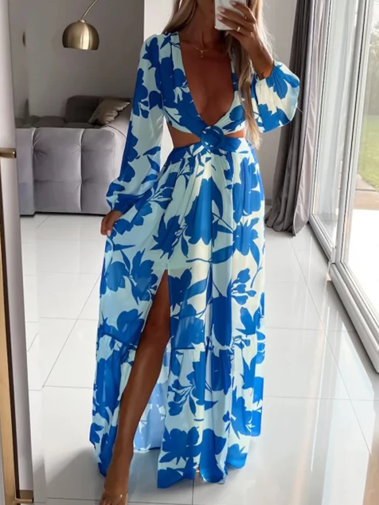 

Fashion Pattern Printed Chiffon Long Dress Sexy Deep V-neck Hollow Boho Party Dress Elegant Hight Split Long Sleeve Women Dress