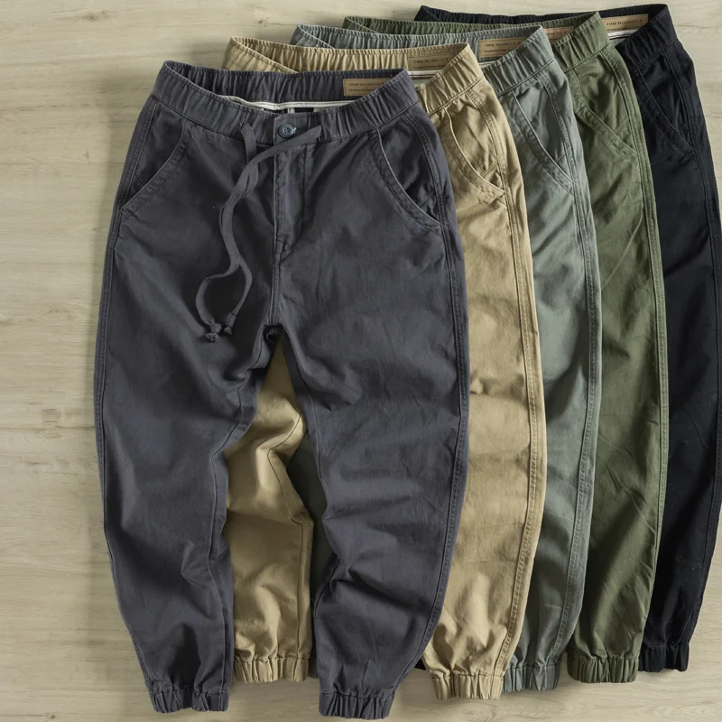 Heavy Weight 100% Cotton Men's Autumn/Winter Jogger Pants Retro Solid Color Casual Pants Fashion Loose Cargo Pants