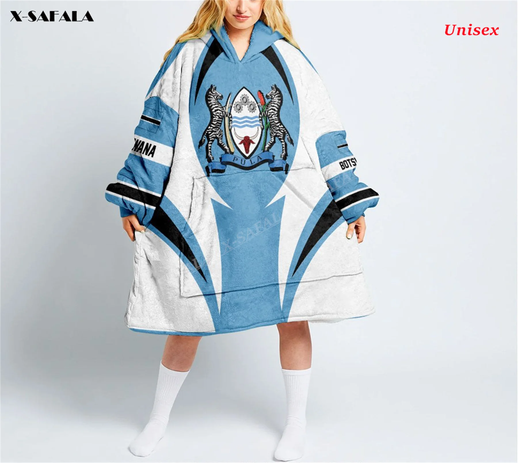 Botswana Flag  Horse Winter 3D Print Oversized Hooded Wearable Blanket Hoodie Nightgown Flannel Cotton Men Female Nightwear