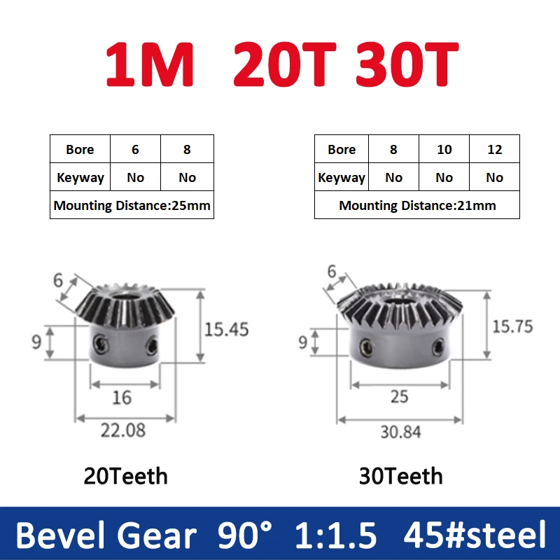 

1PCS 1:1.5 Bevel Gear 1M 20T 30T Bore 6/8/10/12mm Gear 90 Degrees Meshing Angle Steel Gears Screw Hole M5 45# Carbon Steel