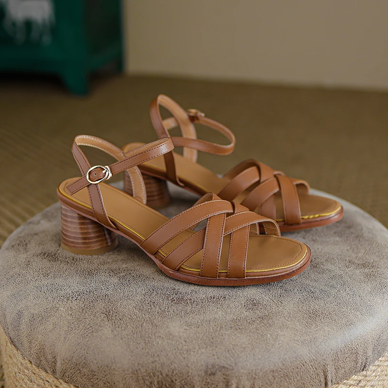 QUTAA 2022 Square Med Heel Elegant Female Sandals Ankle Strap Genuine Leather Peep Toe Summer Women Shoes Big Size 34-39