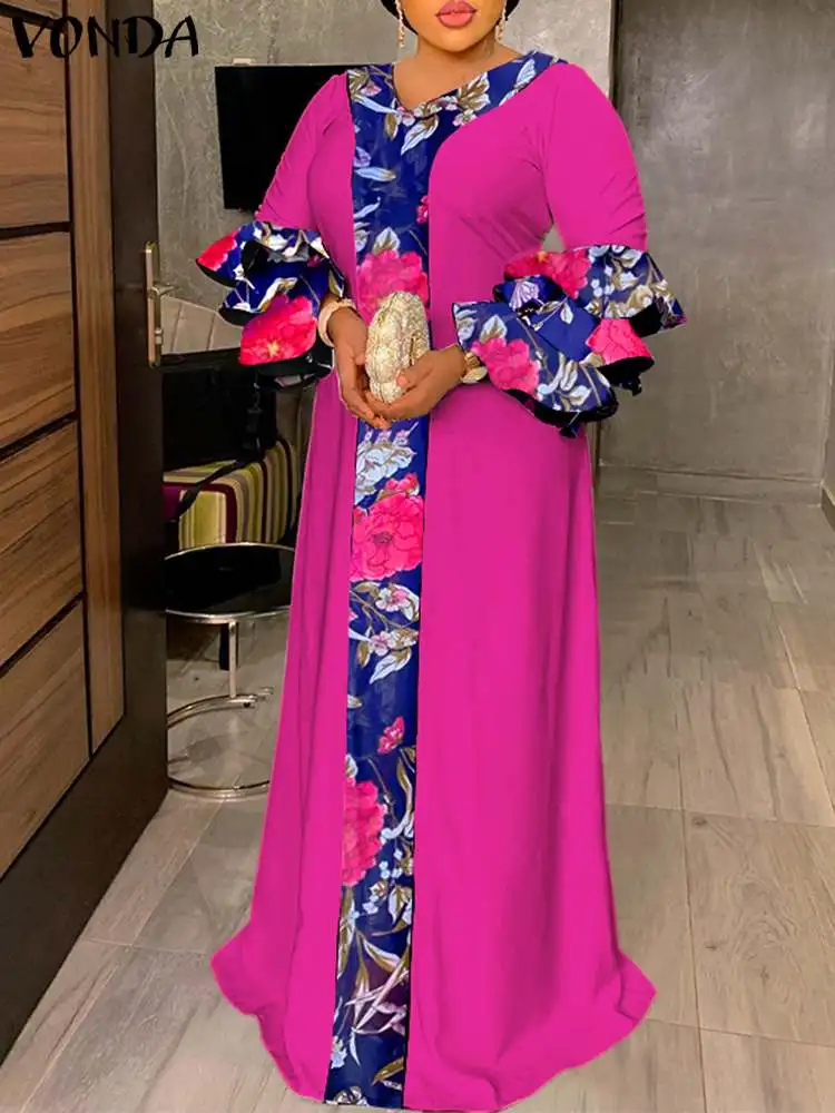 

VONDA Female Casual Bohemian Pleated Ruffled Long Robe Summer Dress Party 3/4 Sleeve Maxi Vestido Women Vintage Printed Sundress
