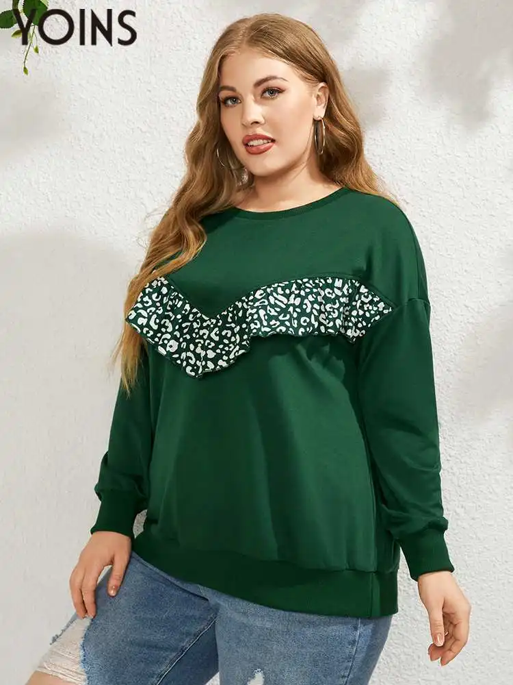 YOINS 2023 Autumn Women Sweatshirts Fashion Patchwork Hoodies Leopard Print Long Sleeve Plus Size Outwear Green Tops Blusas 4XL