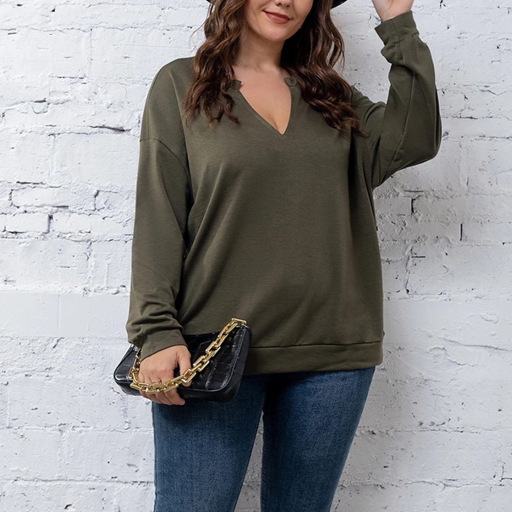 2022NEW Women's Fashion Plus Size Women Military Green Casual Daily T-Shirt V-Neck Long Sleeve Blouse Top L-4XL