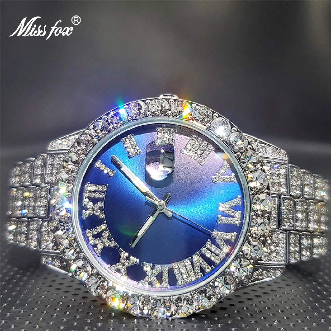 

MISSFOX Men Watch Luxury Brand 18k Gold Royal Blue Dial Super Bling Bling Diamond Business Calendar Quartz Watches Wholesale