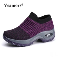 casual women platform vulcanize shoes air cushion fashion ladies slip on loafers breathable mesh female knitted sock sneakers