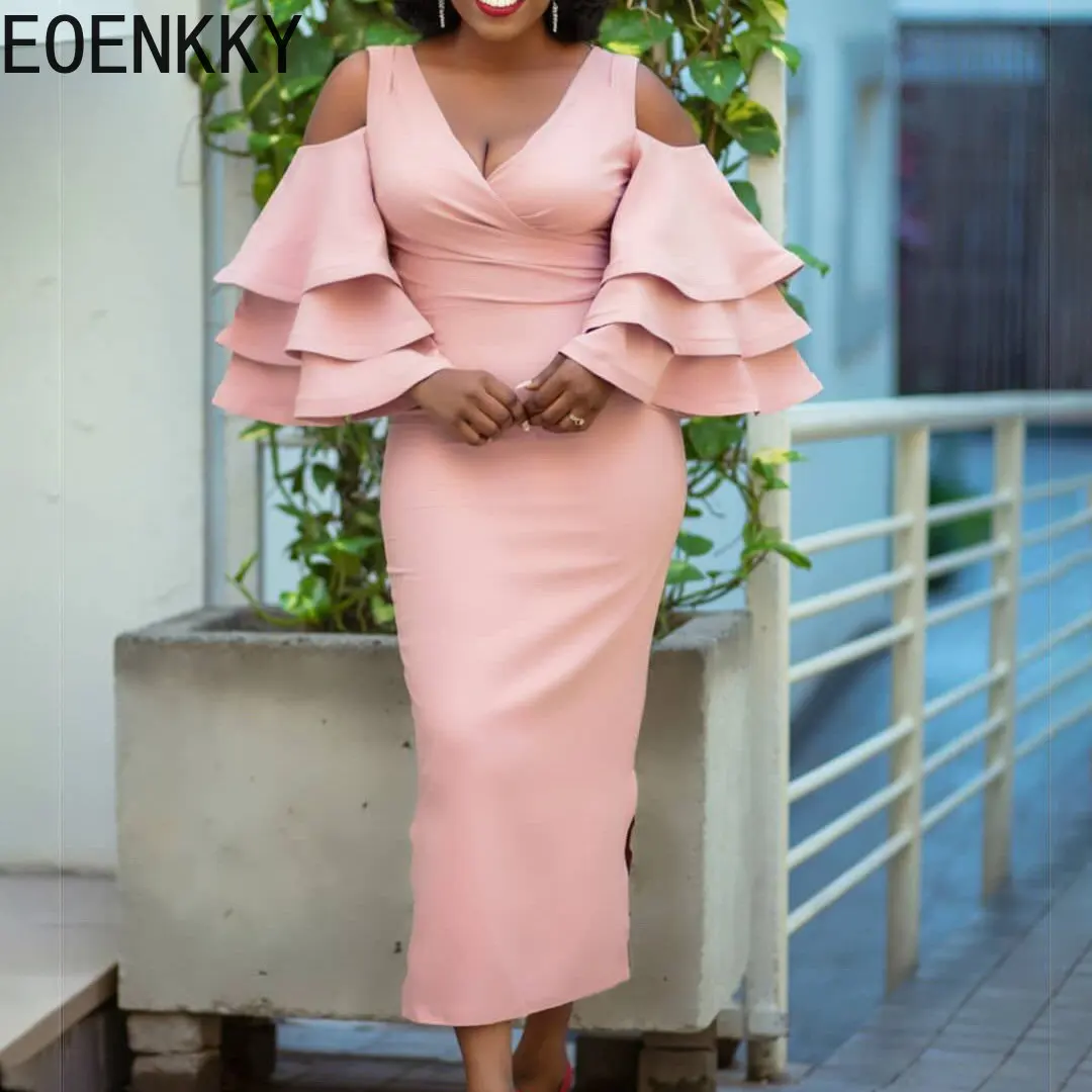 

EOENKKY Plus Size Fashion Summer V Neck Off Shoulder Lotus Leaf Sleeve Solid Color Bag Hip OL Office Dress Wholesale Dropshiping