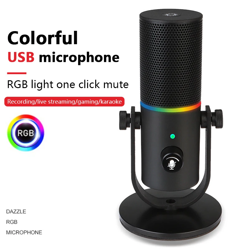 

USB Condenser Microphone RGB Computer Laptop Recording Online Class Singing Game Karaoke Live Streaming Cardioid Microphone