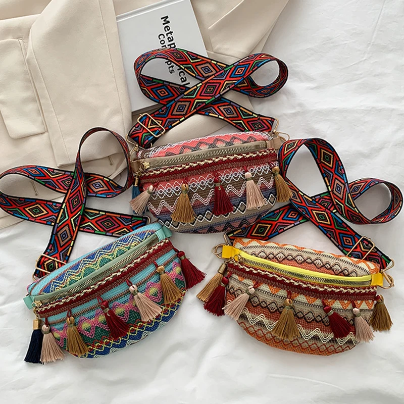 Women Folk Style Waist Bags with Adjustable Strap Patchwork Color Fanny Pack with Fringe Decor Crossbody Chest Bags 2023 New