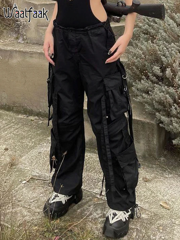 

Waatfaak Dark Academia Cargo Pants Goth Pockets Strappy High Waist Straight Leg Trousers Women Baggy Joggers Bandage Streetwear