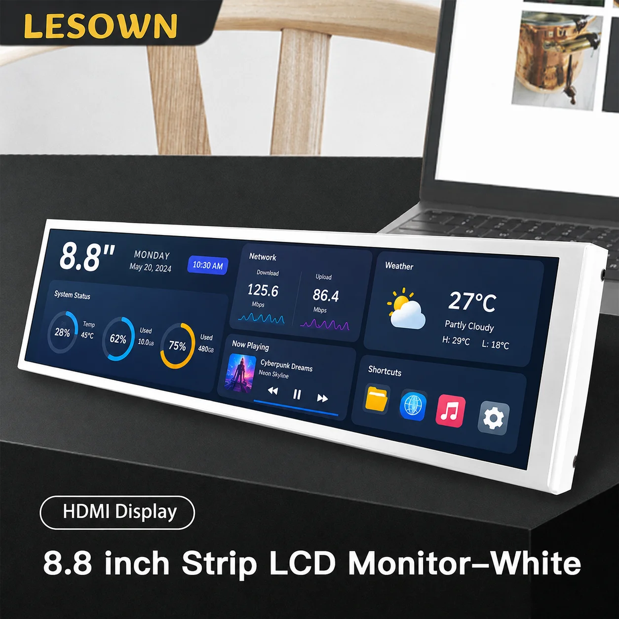 Фото Внешний монитор LESOWN Pure White 8.8 дюймов без драйверов, вертикальный дополнительный экран 1920x480 miniHDTV 60 Гц №1
