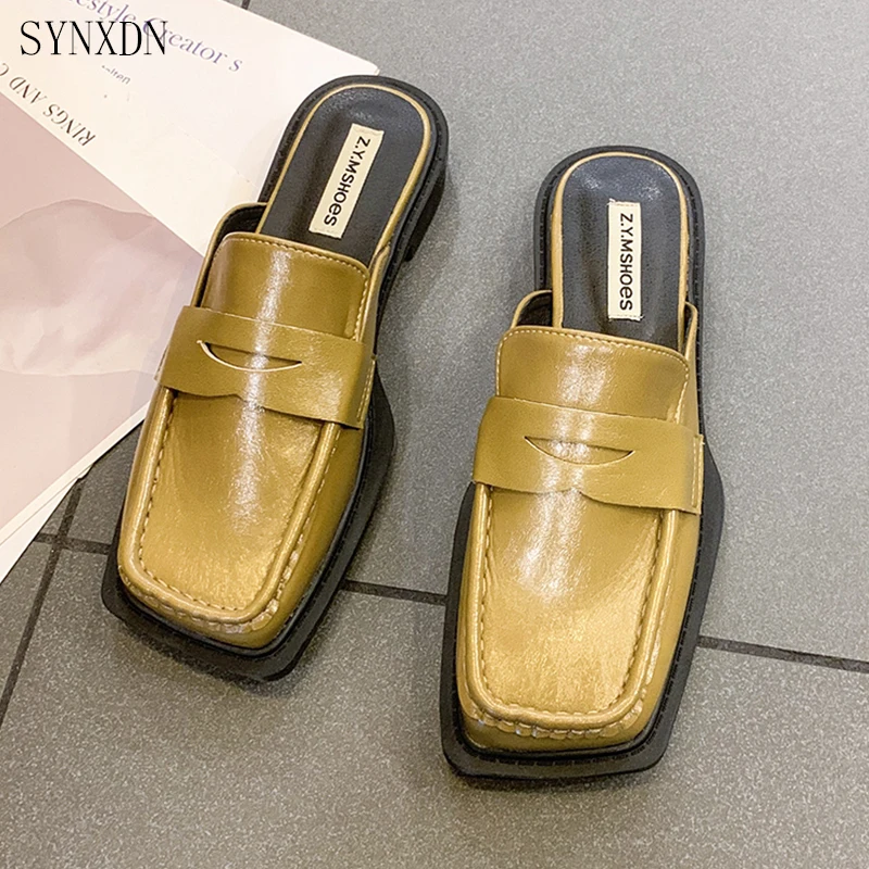 

SYNXDN Platform Slippers Outdoor Women's Loafers Fashion British Style Mules Closed Toe Leather Slides Spring Summer