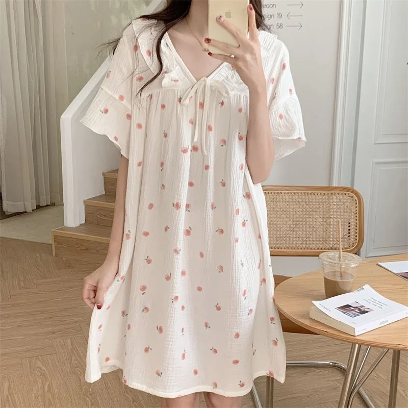 Summer Womens Nightdress V-Neck Sleepshirt Sweet Cute Pajamas Nightwear Sleepwear Spring Home Dressing Gown Nightgowns Plus Size